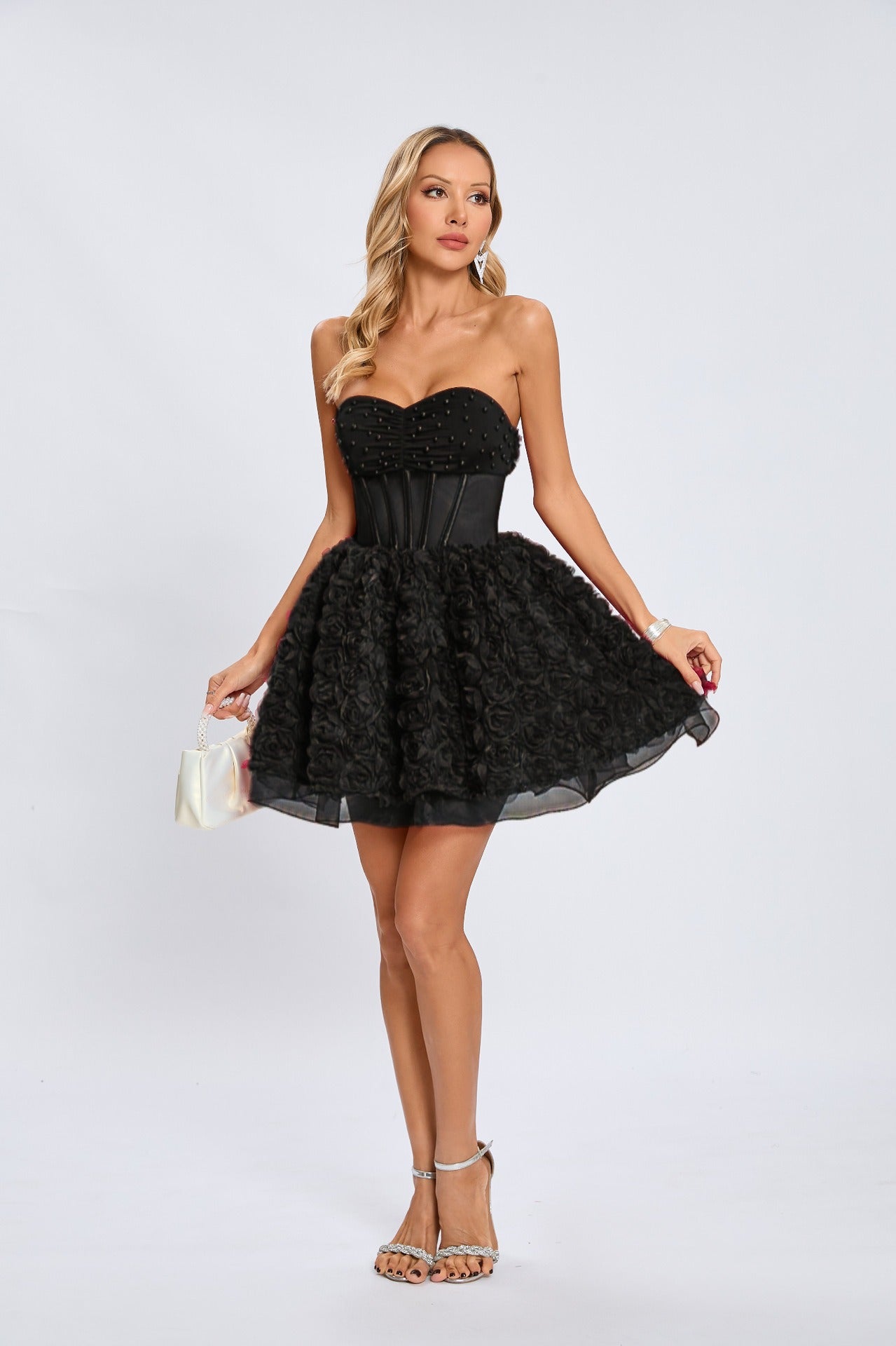 Osorio Strapless 3D Floral A Line Mini Dress In Black