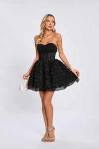 Osorio Strapless 3D Floral A Line Mini Dress In Black