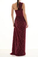 Minya One Shoulder Draped Lace Maxi Dress In Burgundy