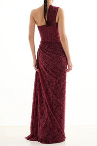 Minya One Shoulder Draped Lace Maxi Dress In Burgundy