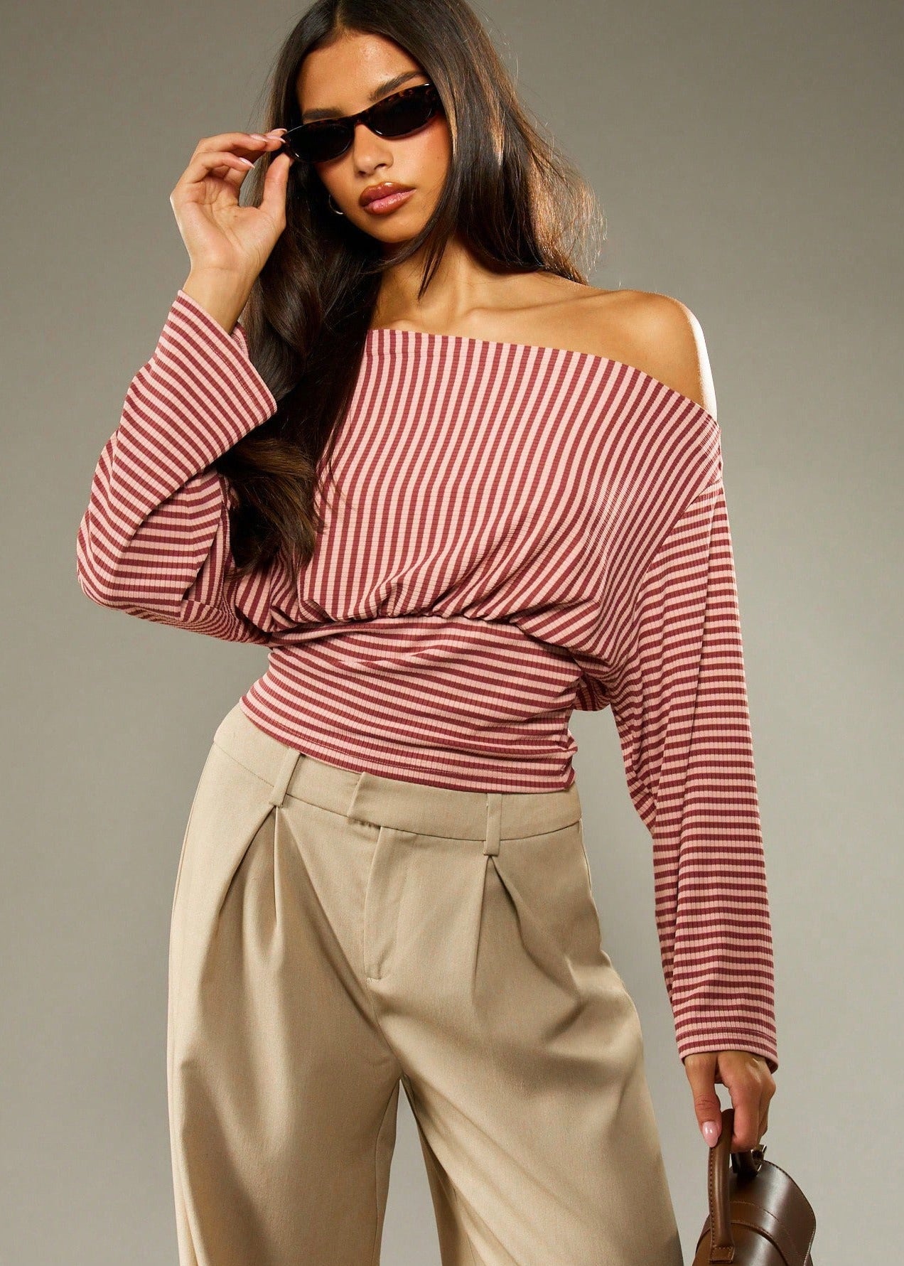 Carvix Off Shoulder Striped Fitted Top With Ruched Waist