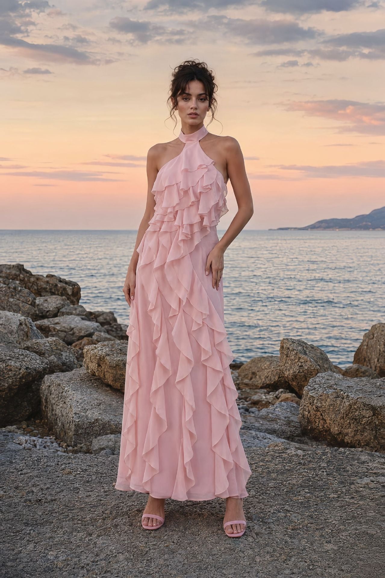Galilahi Halter Ruffle Detail Maxi Dress In Pink