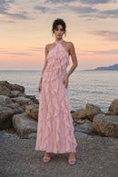 Galilahi Halter Ruffle Detail Maxi Dress In Pink