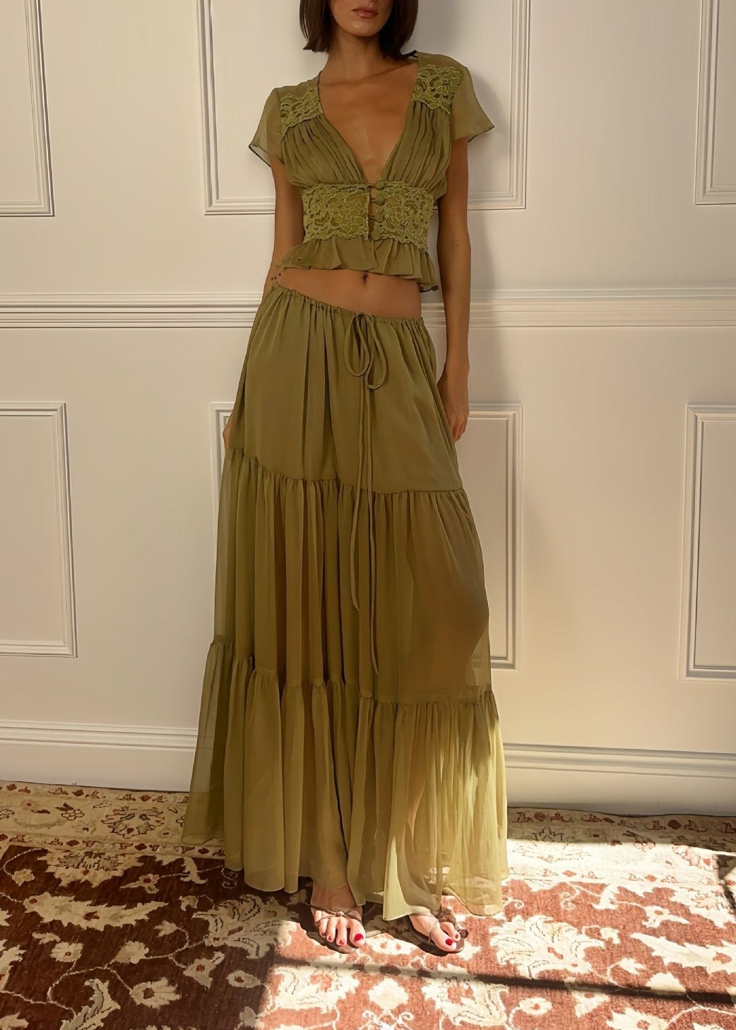 Zyrella Lace Top and Ruffled Skirt Two-Piece Set