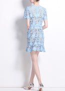 Kryzelle Blue Floral-Appliqué Ruffled Lace Mini Dress
