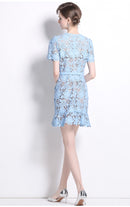 Kryzelle Blue Floral-Appliqué Ruffled Lace Mini Dress