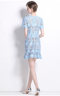 Kryzelle Blue Floral-Appliqué Ruffled Lace Mini Dress