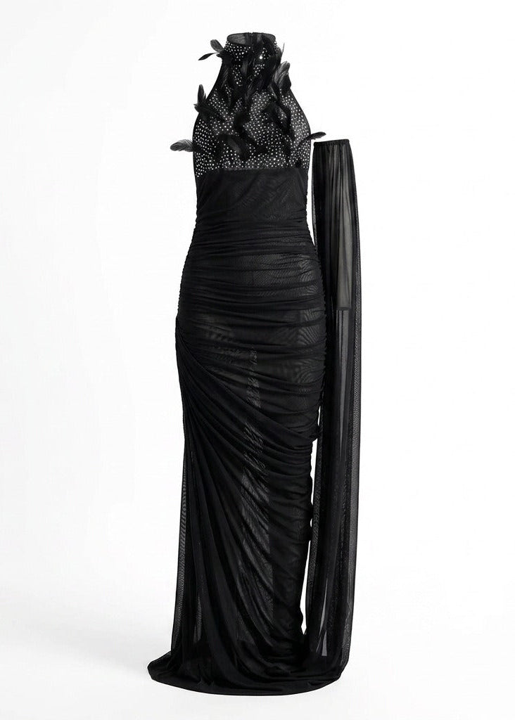 Sylvaren Halter Crystal Feather Draped Mesh Maxi Dress