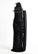 Sylvaren Halter Crystal Feather Draped Mesh Maxi Dress