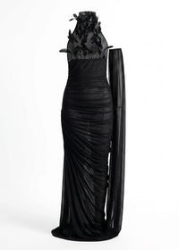 Sylvaren Halter Crystal Feather Draped Mesh Maxi Dress
