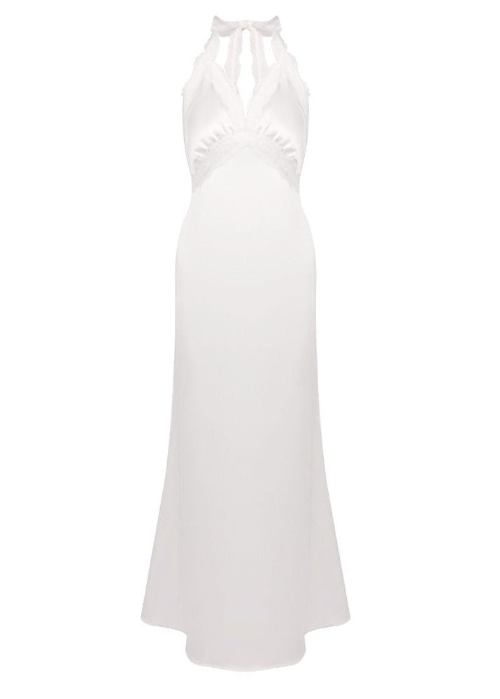 Jovyna White Lace Panel Satin Maxi Dress
