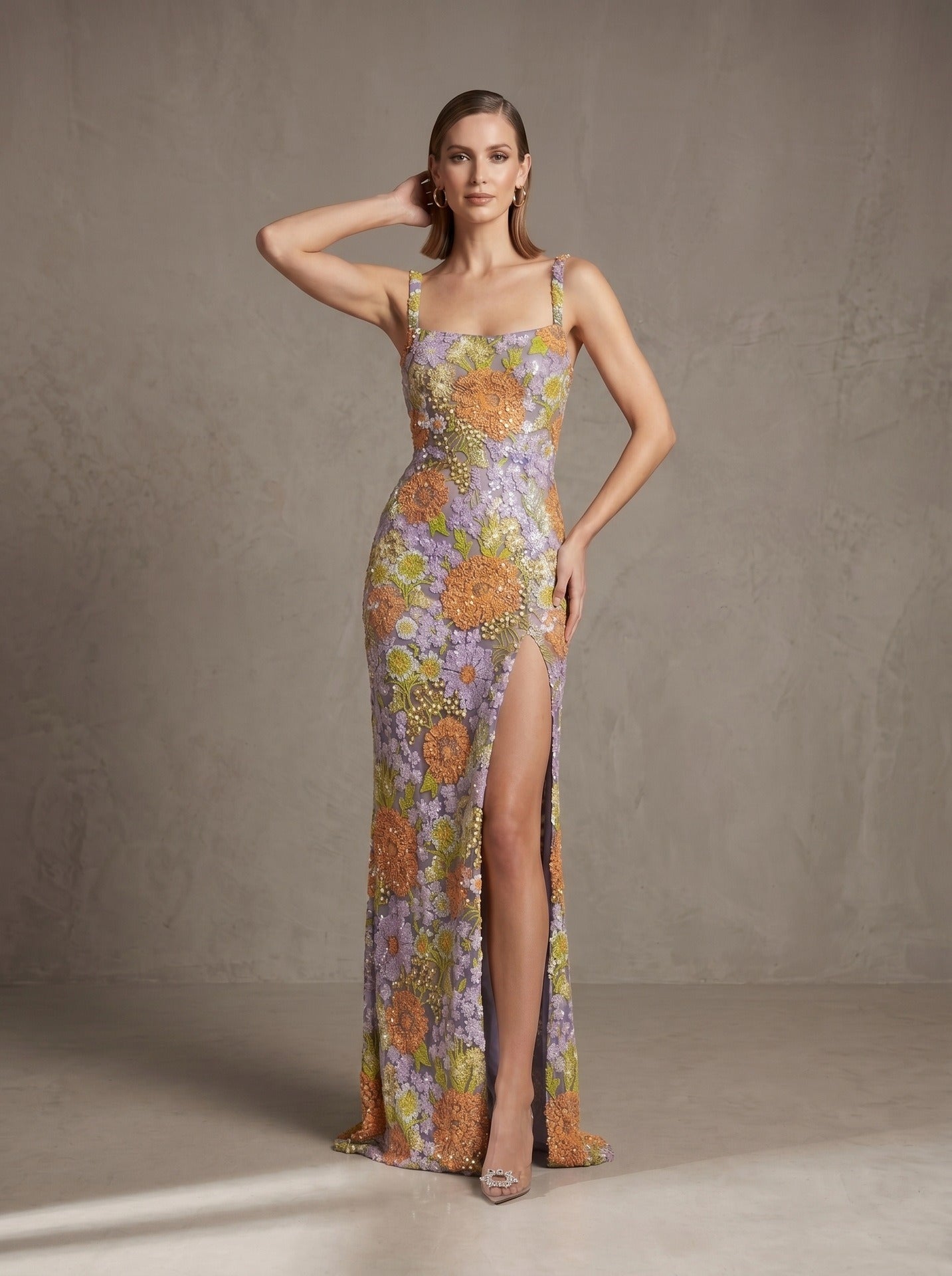 Ashhelm Strappy Sequin Floral-Embroidered Maxi Dress