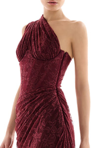 Minya One Shoulder Draped Lace Maxi Dress In Burgundy