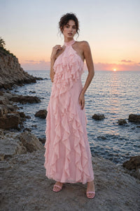 Galilahi Halter Ruffle Detail Maxi Dress In Pink