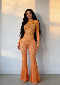Erela Diamond Mesh Jumpsuit In Orange