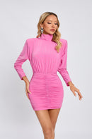 Amyra Crystal Embellished Ruched Bodycon Mini Dress In Pink