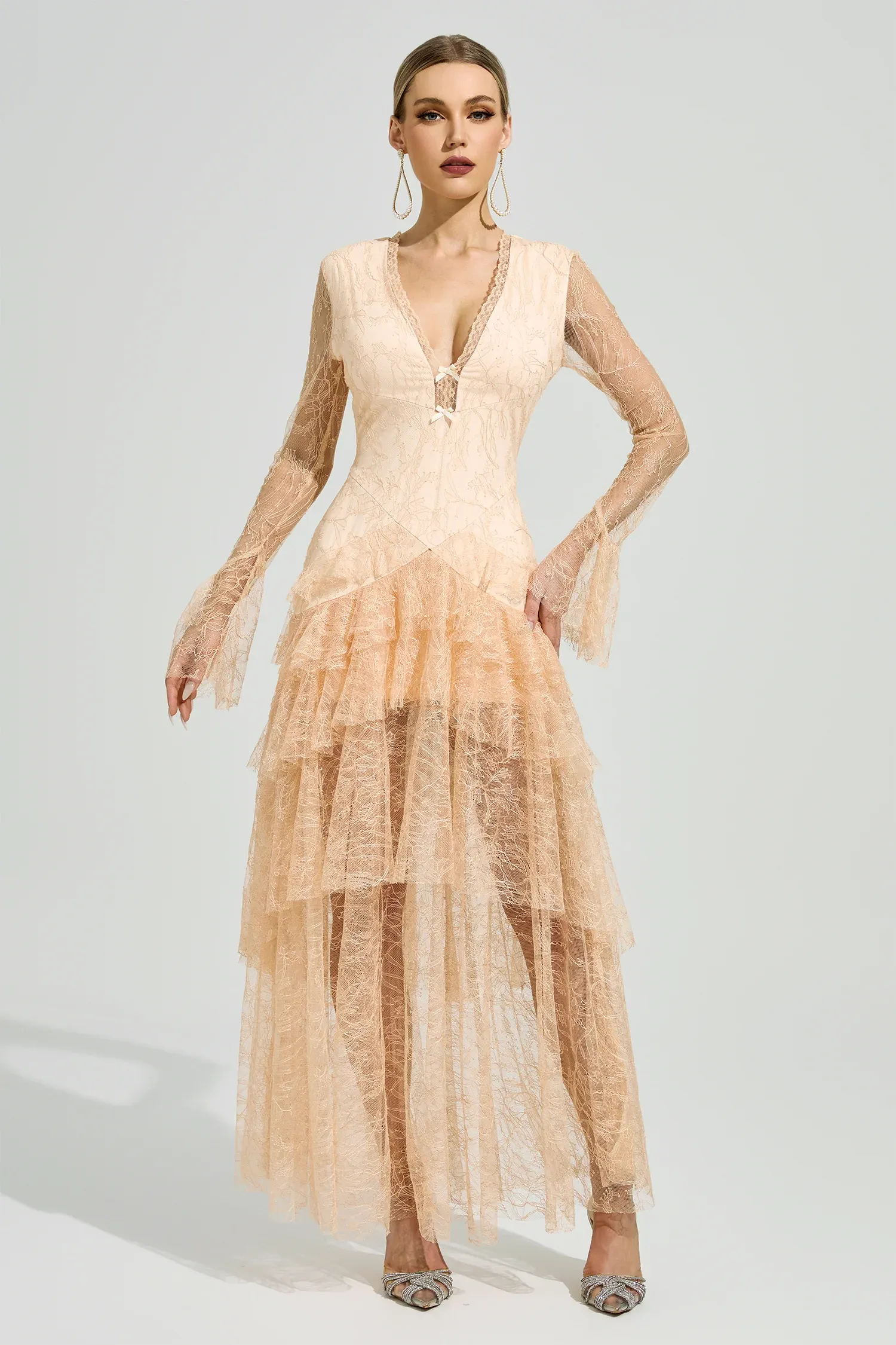 Florissa V Neck Lace Tiered Maxi Dress