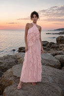 Galilahi Halter Ruffle Detail Maxi Dress In Pink