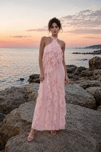 Galilahi Halter Ruffle Detail Maxi Dress In Pink