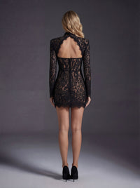 Lurevin Black Turtleneck Lace Mini Dress