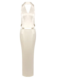 Uveria Ivory Plunge Neck Satin Top & Skirt Set