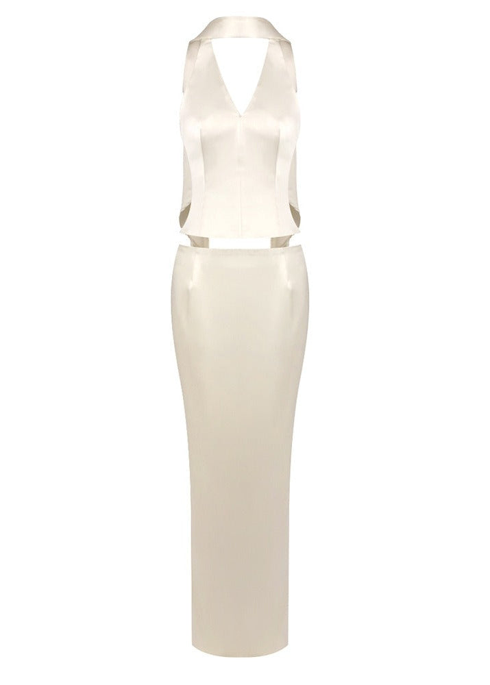 Uveria Ivory Plunge Neck Satin Top & Skirt Set