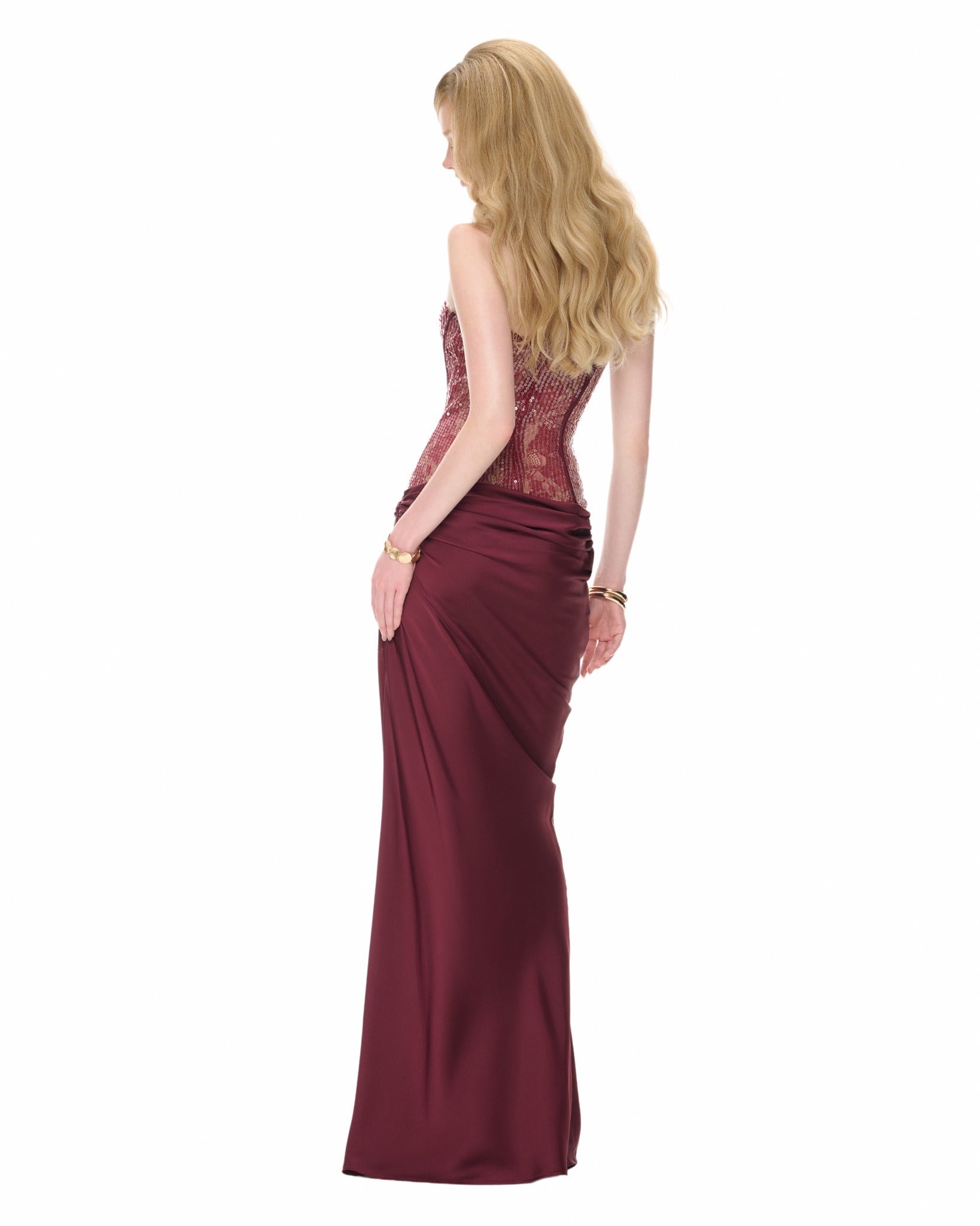 Aroxis Burgundy Sequin Maxi Dress with Lace Panels