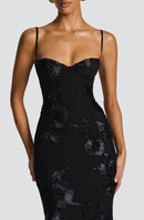 Dichen Black Floral Appliqué Corset Maxi Dress