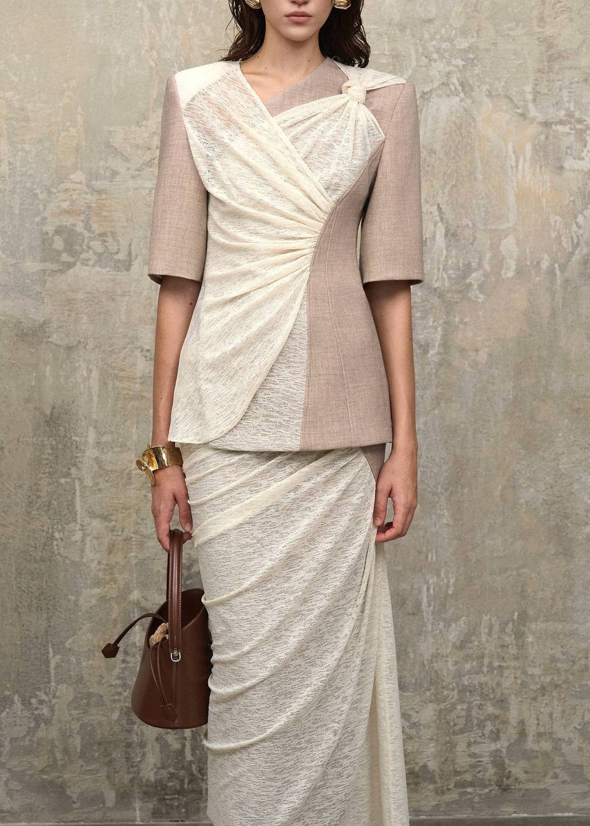 Galessa Bow-Detail Pleated Slit Two-Piece Set