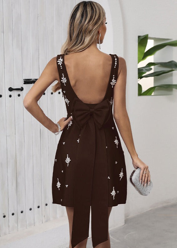 Rayner Crystal Bow Detail Backless A Line Mini Dress In Brown