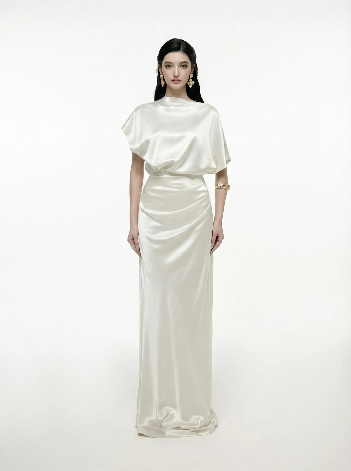 Delvion Satin Solid Ruched Maxi Dress