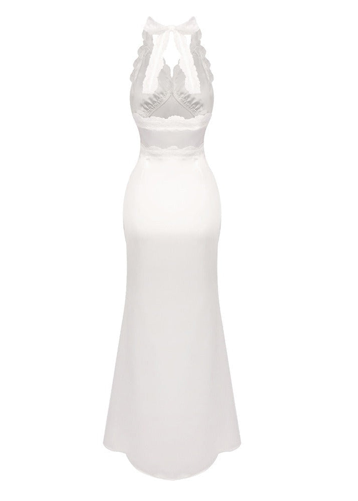 Jovyna White Lace Panel Satin Maxi Dress