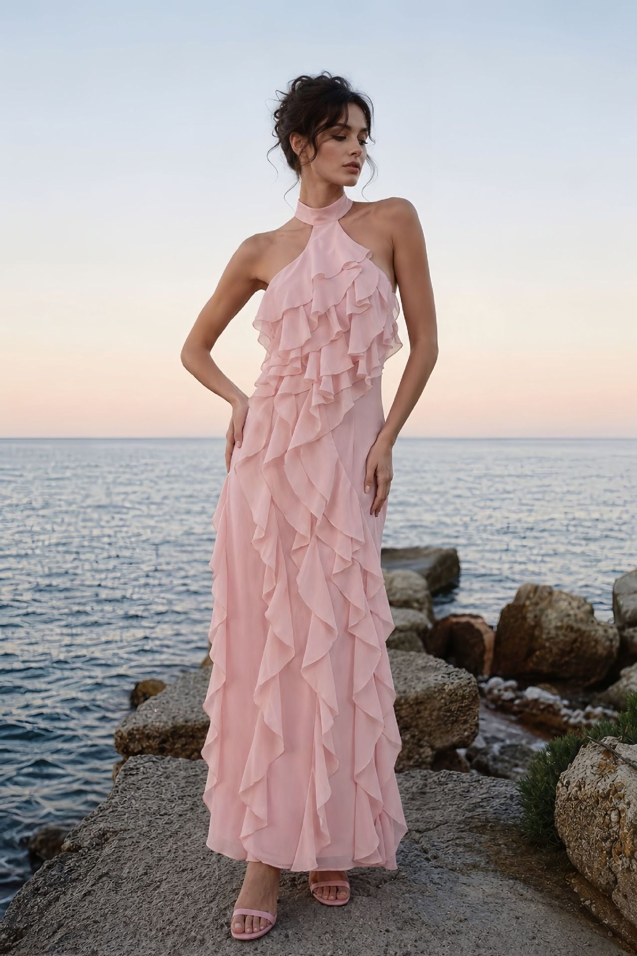 Galilahi Halter Ruffle Detail Maxi Dress In Pink