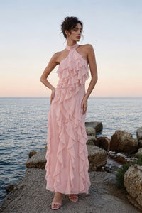 Galilahi Halter Ruffle Detail Maxi Dress In Pink