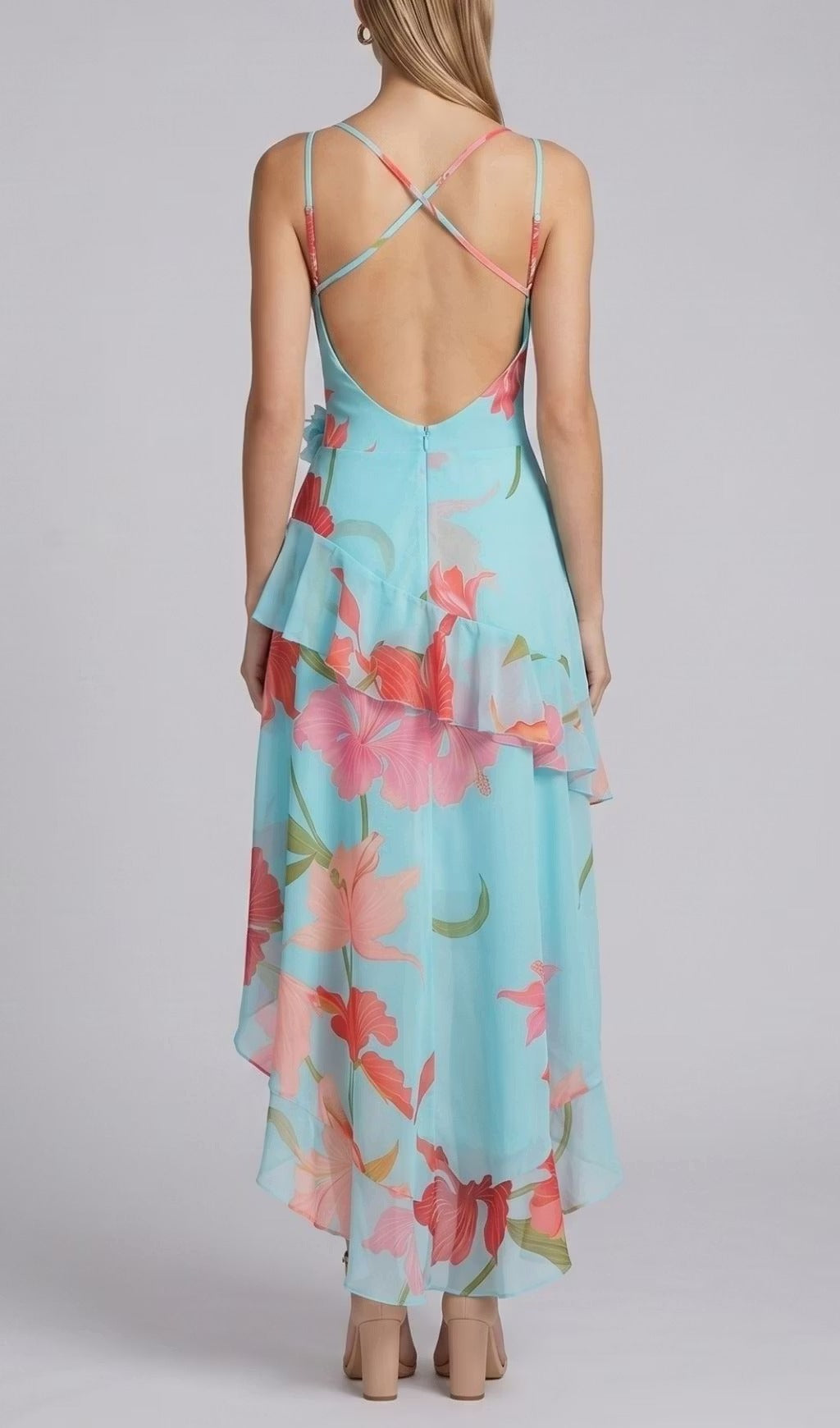 Ares Floral-Print Ruffled Silk Midi Dress In Light Blue