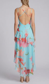 Ares Floral-Print Ruffled Silk Midi Dress In Light Blue