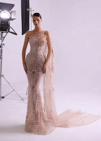 Murevia White One-Shoulder Tulle and Pearl Maxi Dress