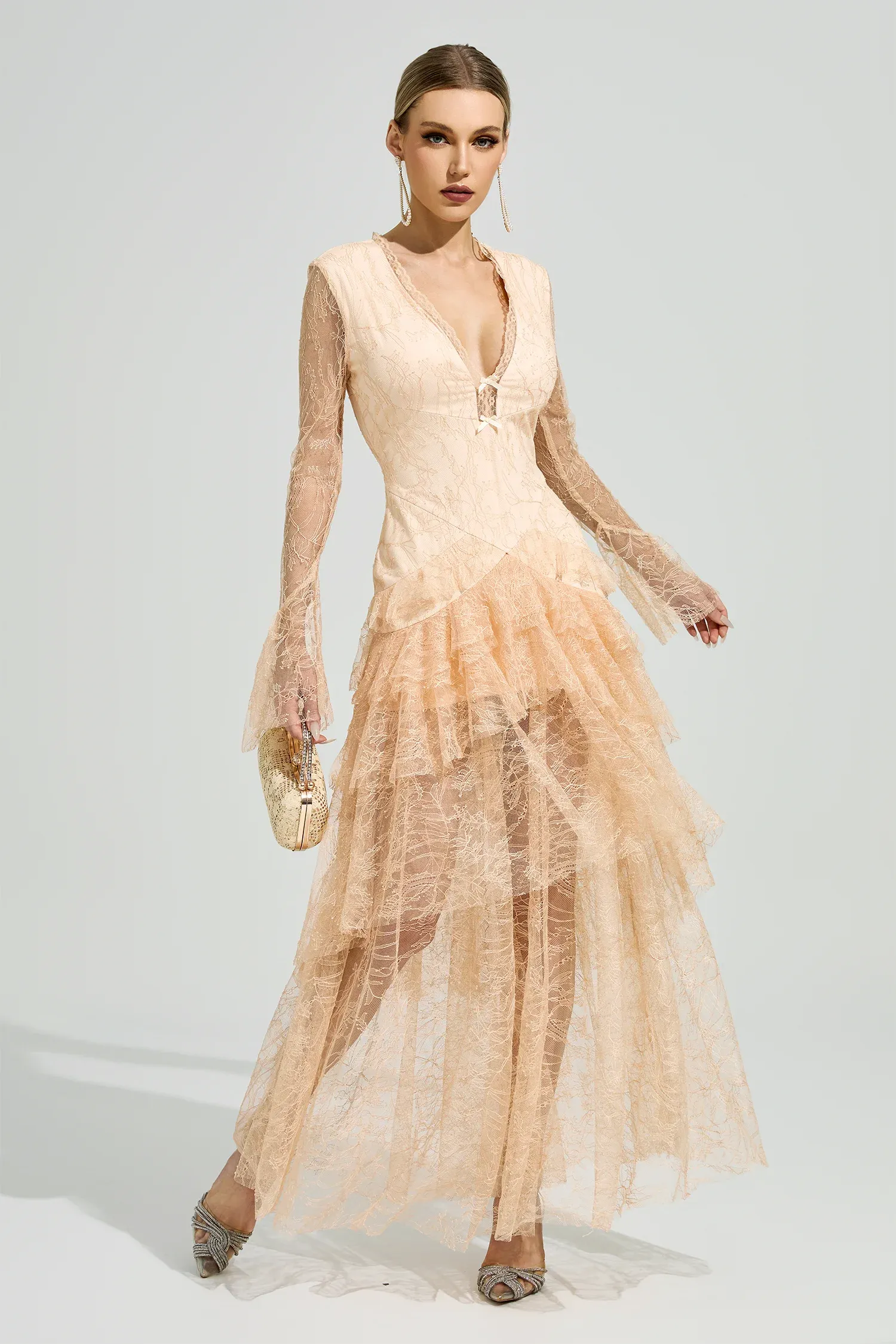 Florissa V Neck Lace Tiered Maxi Dress