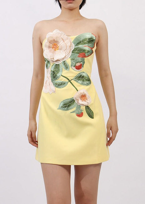 Arygon Strapless Embroidered Floral Mini Dress In Yellow