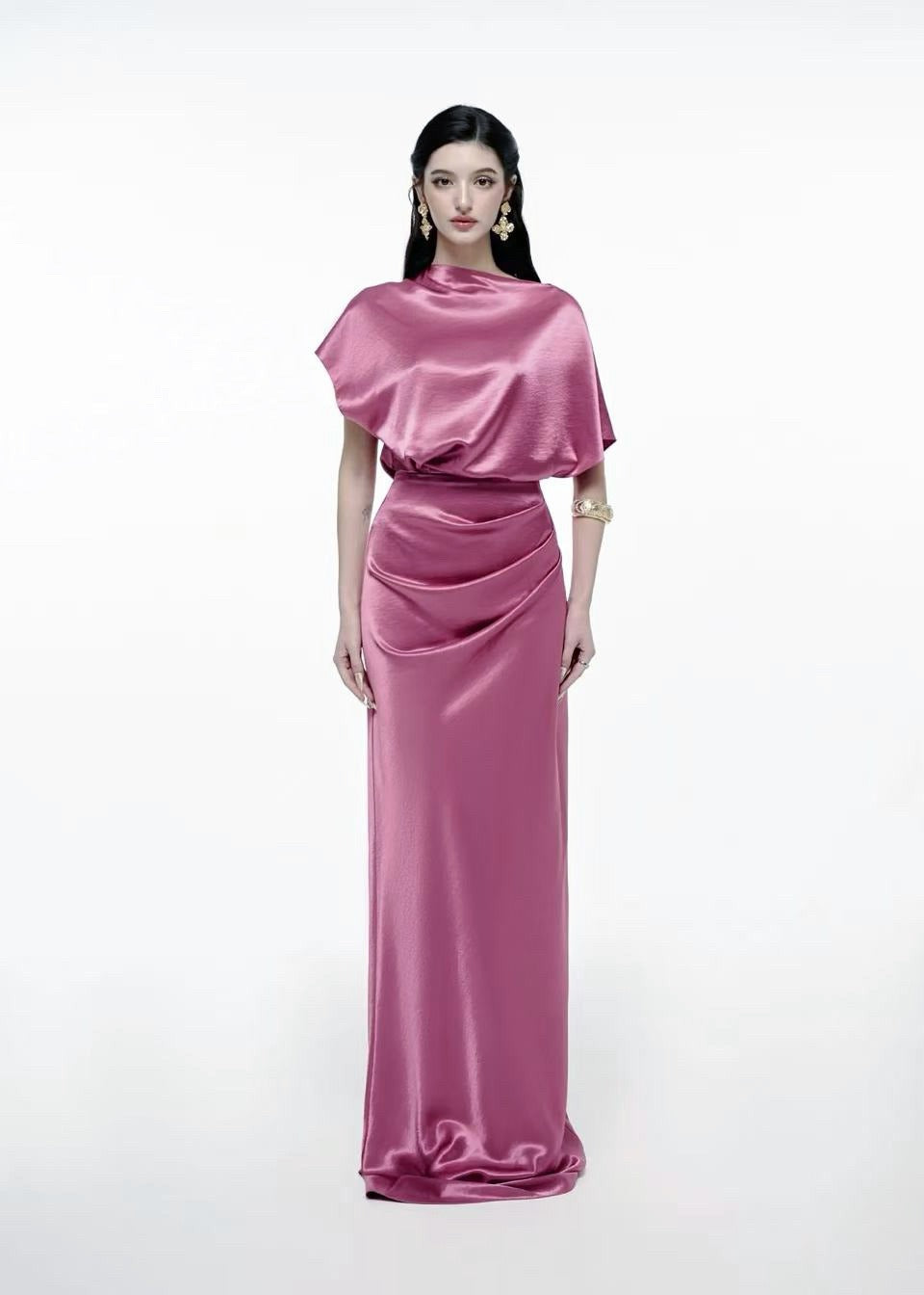 Delvion Satin Solid Ruched Maxi Dress