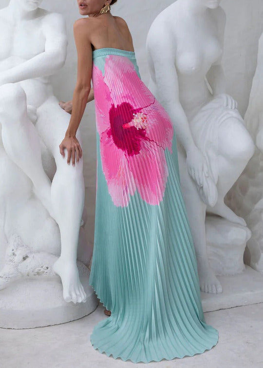 Haelvric Strapless Floral Pleated Maxi Dress