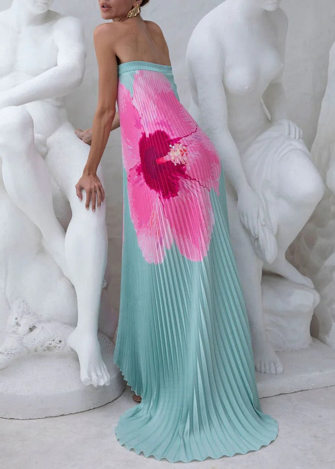 Haelvric Strapless Floral Pleated Maxi Dress