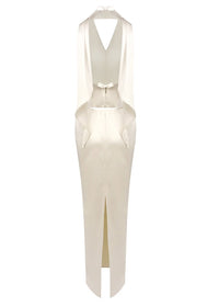 Uveria Ivory Plunge Neck Satin Top & Skirt Set
