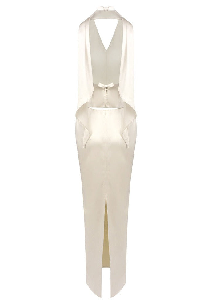 Uveria Ivory Plunge Neck Satin Top & Skirt Set