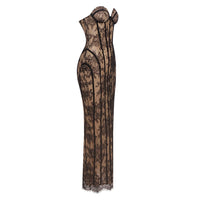 Vazrik Black Floral Lace Corset Maxi Dress
