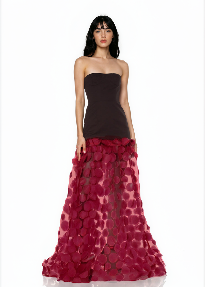 Benicio Strapless A Line Maxi Dress In Black Burgundy