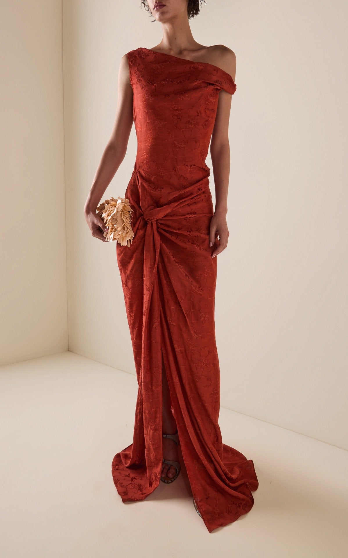 Murelia One-Shoulder Satin Jacquard Ruched Maxi Dress
