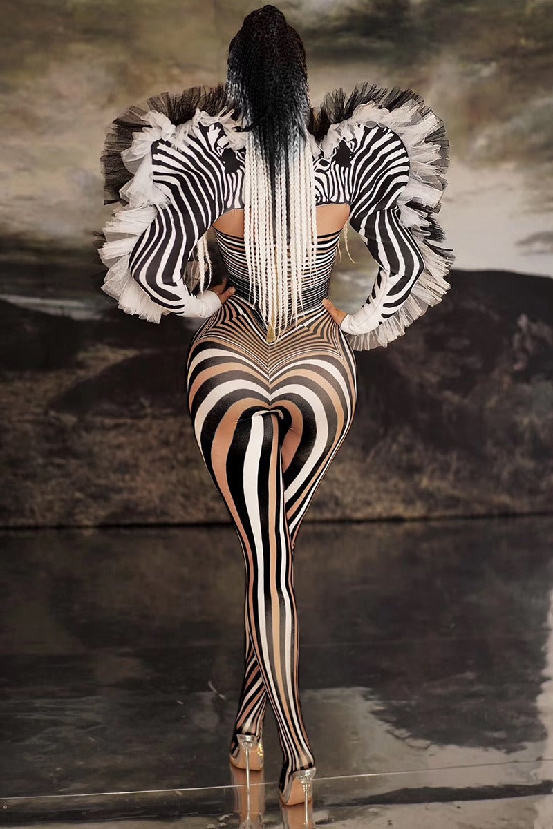 Cuvano Tulle Trimmed Zebra Printed Jumpsuit