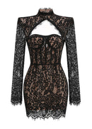 Lurevin Black Turtleneck Lace Mini Dress