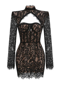 Lurevin Black Turtleneck Lace Mini Dress